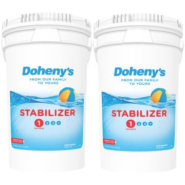 Doheny's Pool Stabilizer showing two buckets of 100% cyanuric acid to increase the effectiveness of your pool chlorine.