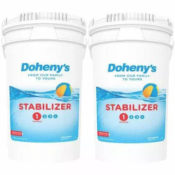 Doheny's Pool Stabilizer showing two buckets of 100% cyanuric acid to increase the effectiveness of your pool chlorine.