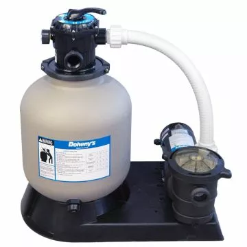 Frontal view of a pool pump showing the pump housing, intake, and clear lid over the strainer basket.