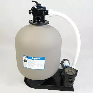 Doheny’s 24-inch above ground pool sand filter system with 1.5 HP pump – full product view with tank, base, and motor.