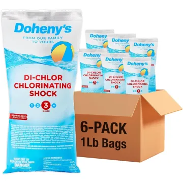 Six-pack of Doheny’s Di-Chlor Chlorinating Shock, 1 lb bags, with one bag standing next to an unbranded cardboard box labeled "6-PACK 1Lb Bags."