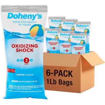 Doheny’s Oxidizing Shock pool treatment, 6-pack of 1 lb bags shown with individual packets and shipping box.