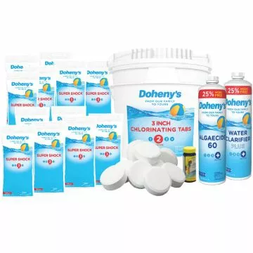 Doheny's Above Ground Chemical Bundle lined up to show that it includes Doheny's best-sellers you need to maintain your pool: Doheny's 3 inch Chlorinating Tabs, Doheny's Super Shock, Doheny's Algaecide 60, and Doheny's Water Clarifer Plus
