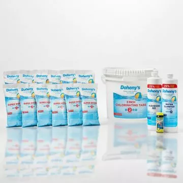 Doheny's Above Ground Chemical Bundle lined up to show that it includes Doheny's best-sellers you need to maintain your pool: Doheny's 3 inch Chlorinating Tabs, Doheny's Super Shock, Doheny's Algaecide 60, and Doheny's Water Clarifer Plus