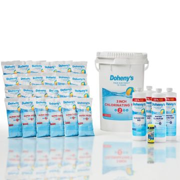 Chemical Bundle for inground pools featuring 3 inch Chlorine Tablets option, plus Doheny's Super Shock, Doheny's Algaecide 60, and Doheny's Water Clarifier Plus.