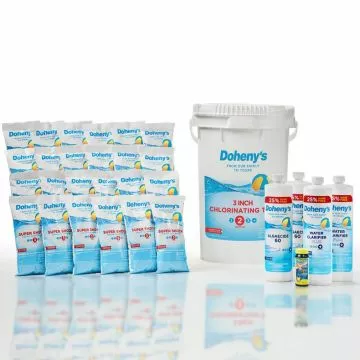 Chemical Bundle for inground pools featuring 3 inch Chlorine Tablets option, plus Doheny's Super Shock, Doheny's Algaecide 60, and Doheny's Water Clarifier Plus.
