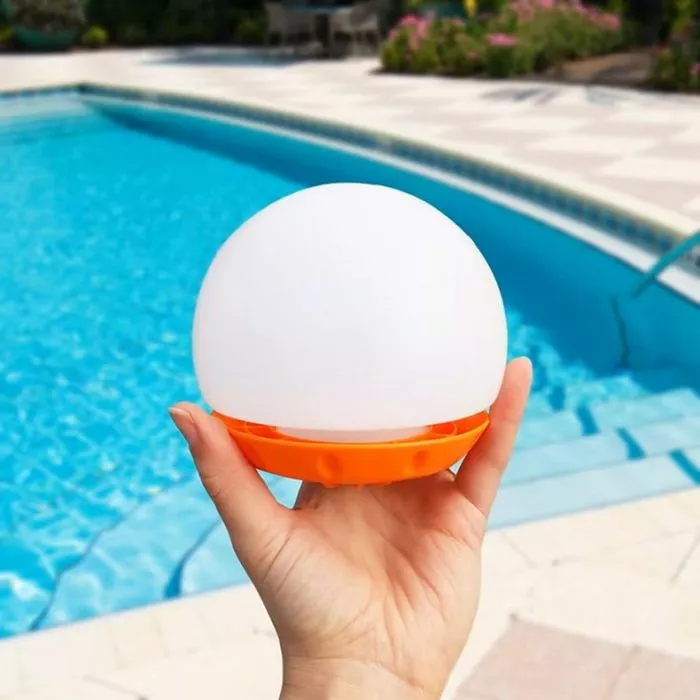 Hand holding Daily Dose Dispenser with swimming pool in the background