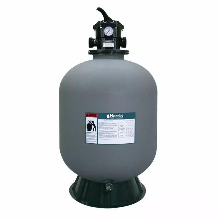 Harris H1573040 Vortex 16-inch sand filter tank, a standalone grey cylindrical unit with a black multi-port valve, a pressure gauge, and a stable black base for pool water filtration.