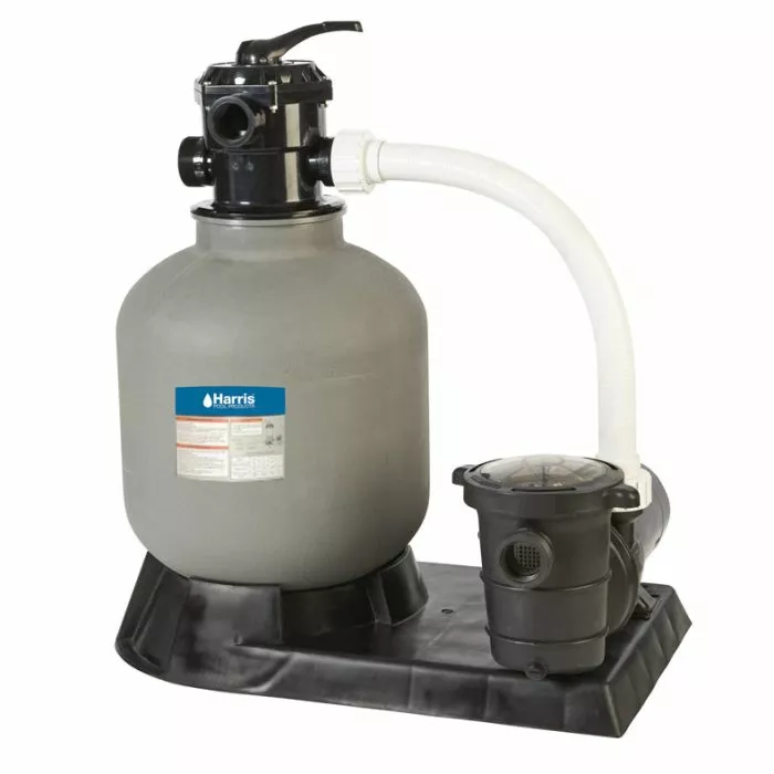Harris sand filter system for pools, with a grey filter tank and black pump unit connected by a white hose, available on Doheny.com