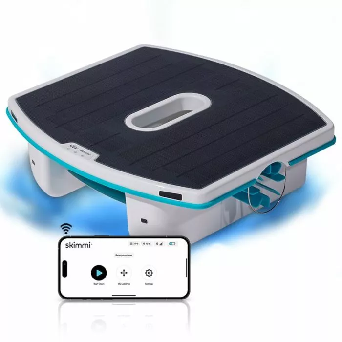 Surface Skimmer product with cell phone showing usage of the Skimmi App