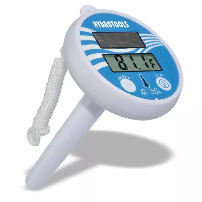 ILP Solar Floating Thermometer with digital LCD display, shatter-resistant casing, and attached nylon cord for accurate pool temperature readings