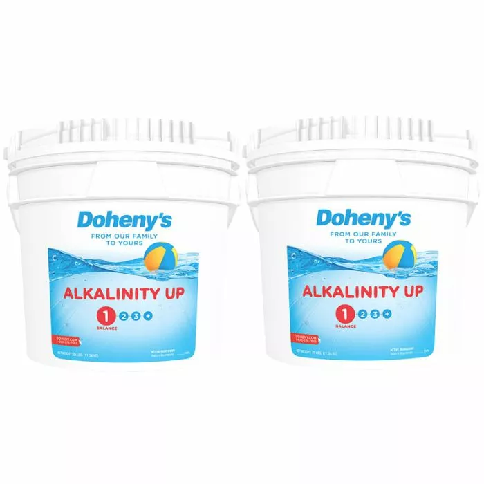 Two buckets of Doheny's Alkalinity Up - 100% sodium bicarbonate to safely raise your pool's alkalinity levels. Two buckets of Doheny's Alkalinity Up - 100% sodium bicarbonate to safely raise your pool's alkalinity levels.