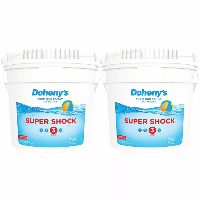 Two 25 lb. buckets of Doheny's Granular Calcium Hypochlorite pool shock, designed for powerful and effective pool sanitization.