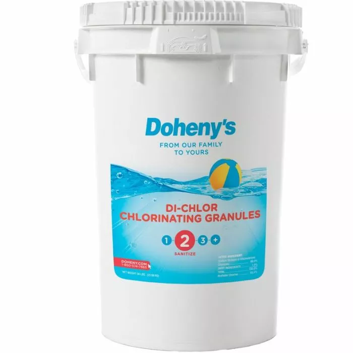 A 50 lb. bucket of Doheny's Di-Chlor Chlorinating Granules with 56% Available Chlorine, a fast-dissolving pool cleaning chemical.