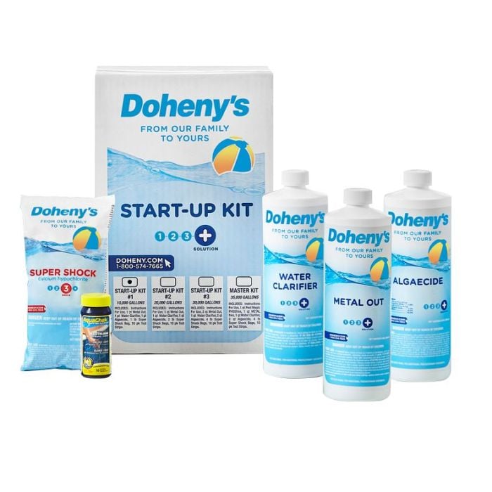Doheny's Pool Start-Up Kit #1 for 10,000 gallon pools, featuring Metal Out, Water Clarifier, Algaecide, Super Shock, and 10 free water testing strips, all in a convenient package for easy pool opening.
