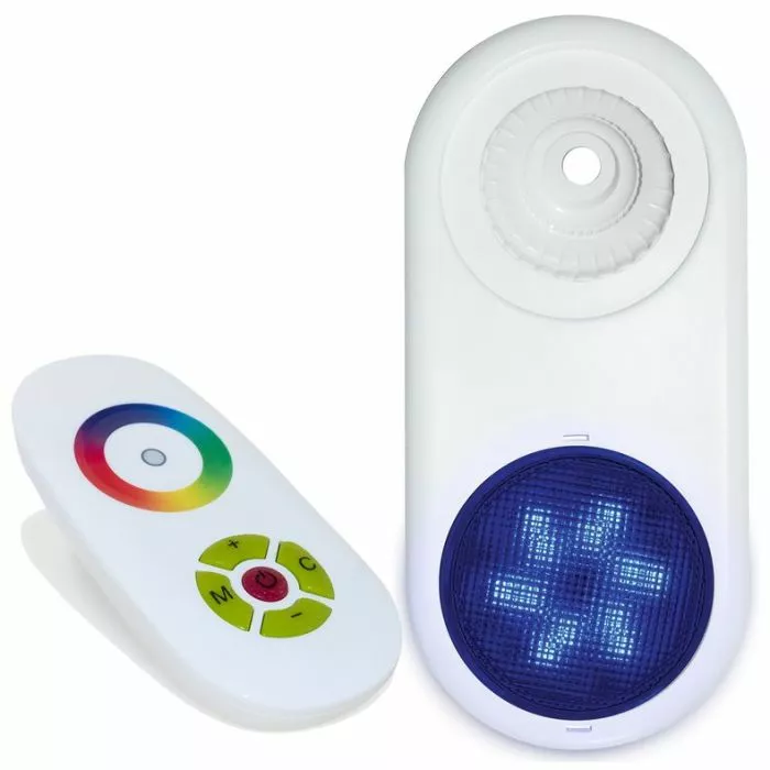 Side by side view of the LED light and remote control Side by side view of the LED light and remote control