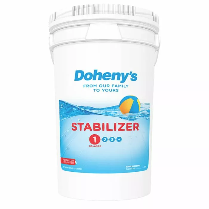 Doheny's Stabilizer 50 lb bucket - 100% cyanuric acid to increase chlorine effectiveness in your pool. Doheny's Stabilizer 50 lb bucket - 100% cyanuric acid to increase chlorine effectiveness in your pool.
