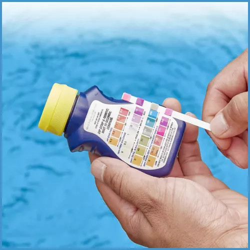 Holding a water test strip to the back of a bottle to check pool chemical levels.
