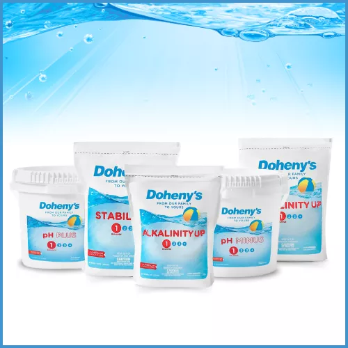 A variety of Doheny’s pool chemicals: pH Plus, Stabilizer, Alkalinity Up, and pH Minus for balancing pool water.