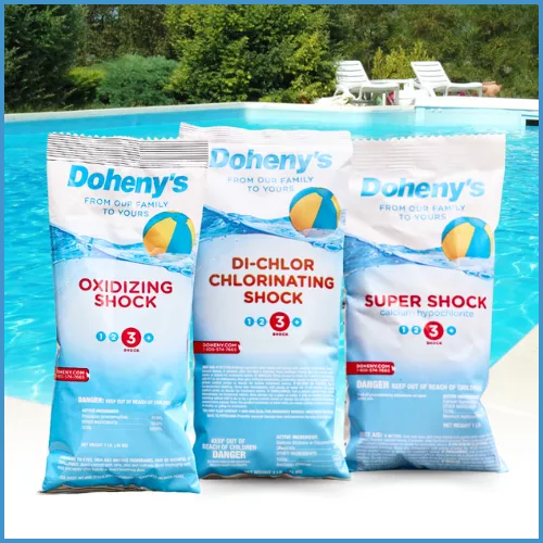 A variety of Doheny’s pool shocks: Oxidizing Shock, Di-Chlor Chlorinating Shock, and Super Shock for pool sanitation.
