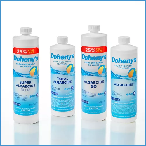 A selection of Doheny’s algaecides and algaestats: Super Algaecide Plus, Total Algaecide, Algaecide 60, and Algaecide for algae control and prevention.