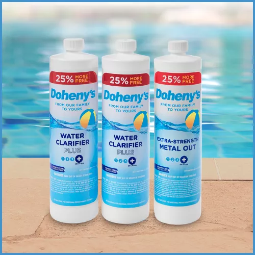 Doheny’s Water Clarifier Plus and Extra-Strength Metal Out for improving water clarity and removing metals.