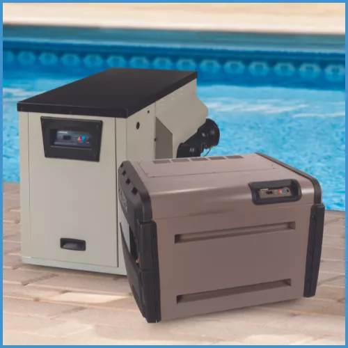 Two gas pool heaters in front of a pool, used to efficiently heat pool water.
